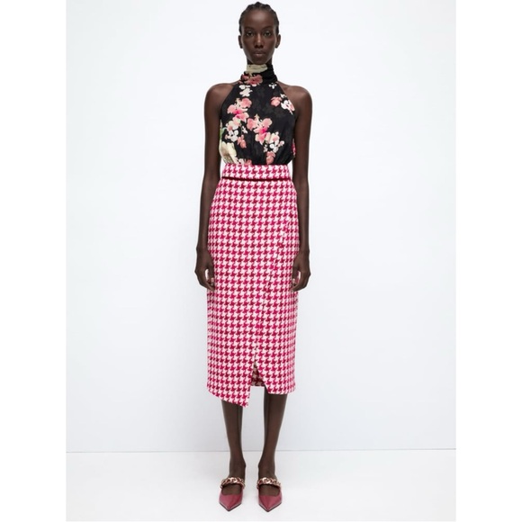 ZARA Tweed Textured Weave Houndstooth Faux Wrap Slit Midi Skirt Raspberry Pink S - Picture 3 of 16